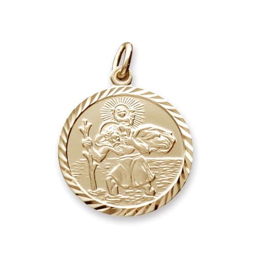 Image of 9ct Yellow Gold Plated on 0.925 Sterling Silver Round Diamond Cut 19mm St Christopher Pendant In Presentation Gift Box
