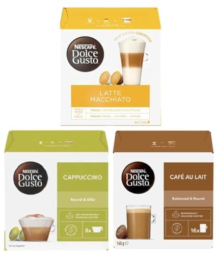 Image of NESCAFÉ DOLCE GUSTO Variety Pack Coffee Pods (Pack of 3, Total 48 Capsules) – Cappuccino, Latte Macchiato & Café Au Lait