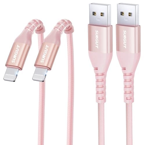 Image of SUNGUY USB-A to Lightning Cable 0.3m, 2Pack[MFi Certified]USB to Lightning Cable for Car, i-Phone Charger Cord Nylon Braided Compatible with i-Phone 14/13/12/11 Pro Max Mini X XS XR Plus 10 iPad,Pink