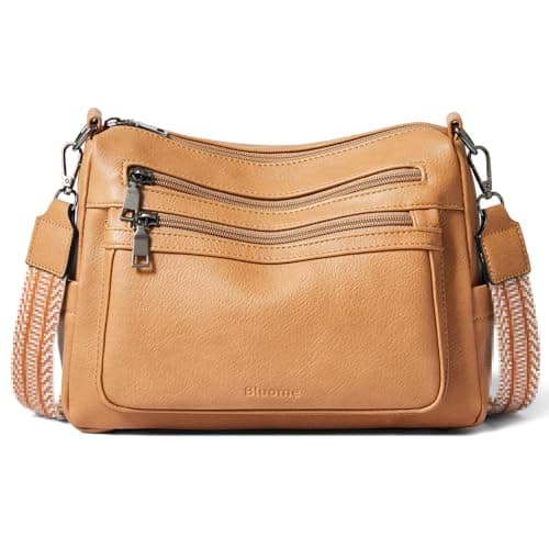 Image of Bluome CrossBody Bag Purses for Women, Vegan Leather ladies Handbags Multi Pocket Soft Shoulder Hobo Bag with Guitar Strap,Camel