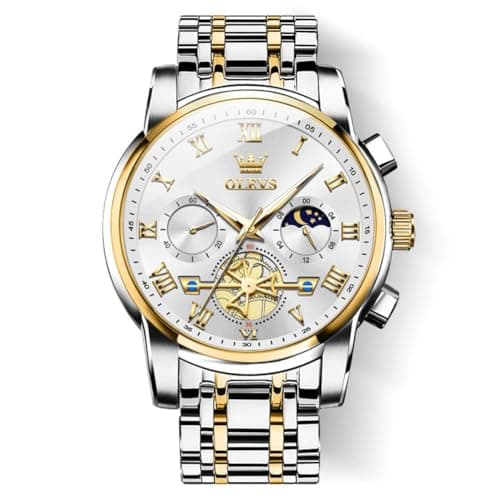 Image of OLEVS Men's Wrist Watches Business Fashion Classic Gold Silver Stainless Steel Quartz Watches for Men Diamond Chronograph Moon Phase Male Watch White Big Easy Reading Dial Waterproof Luminous