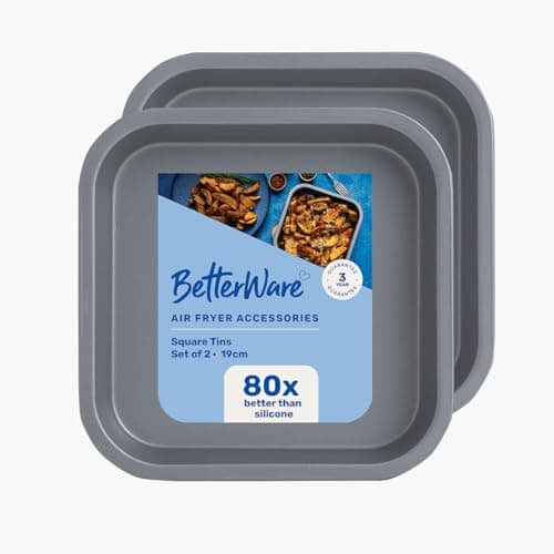 Image of BetterWare Air Fryer Accessories Set of 2 x 19cm Square Tins | Non-Stick Low Carbon Steel | Dishwasher & Freezer Safe | Compatible with Most Air Fryers | Ideal for Cooking, Roasting & Baking