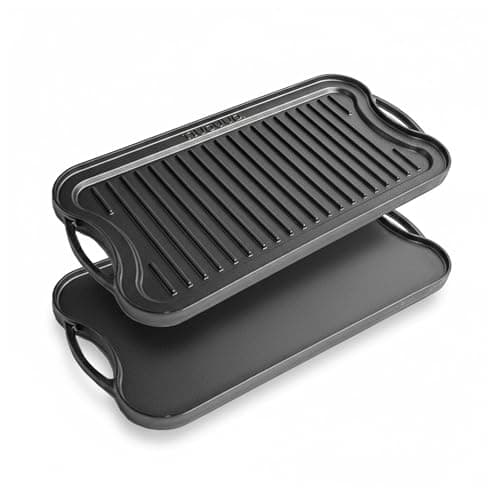 Image of nuovva Cast Iron Griddle Pan for Gas Hob and BBQ Griddle pan Double Sided Pre-Seasoned, Grill Tray, for Healthy and Delicious Cooking, Flat and Ridged Surfaces 50 x 25cm