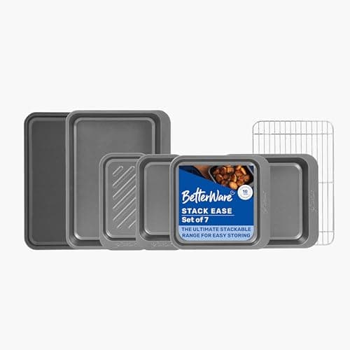 Image of BetterWare Stack Ease 7 Piece Bakeware Set | Inc. 3 x Roasters, 3 x Oven Trays 1 x Cooling Rack | Dishwasher & Freezer Safe | Stackable & Nestable Design | Made in Britain