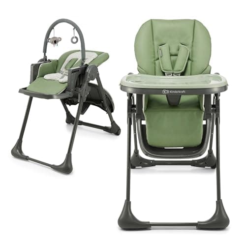 Image of Kinderkraft Tummie 2-in-1 High Chair & Bouncer, from Birth, Fold-Flat, 7 Height, 4 Recline, Newborn Insert, 3-Position Tray, 5-Point Harness, Lockable Wheels, Toy Bar, Green