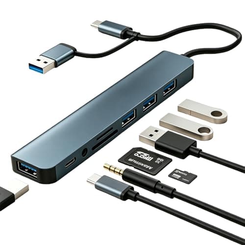 Image of USB C Adapter 8 in 1, USB Hub with USB 3.0 & Triple USB 2.0 Ports, Type C Data Interface, SD/TF Card Reader, 3.5mm Audio Jack, USB Multiport Adapter Compatible with Smartphones, Laptops, Switch, Pad