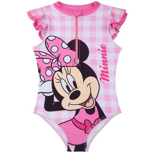 Image of Disney Minnie Mouse Girls Swimming Costume 2-6 Yrs, One Piece Kids Bathing Swim Suit, Front Zip-Up Beach Pool Swimwear (3-4 Years, Pink Minnie)