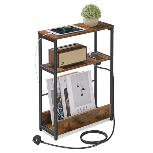 Image of VASAGLE Slim Side Table with Charging Station, 3-Tier Narrow Bedside Table, End Table for Small Spaces, Magazine Rack, for Living Room, Bedroom, Study, Rustic Brown and Ink Black LET335K03