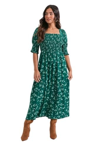 Image of Dorothy Perkins Petite Green Floral Shirred Bodice Puff Sleeve Square Neck Midi Dress, 6, Green
