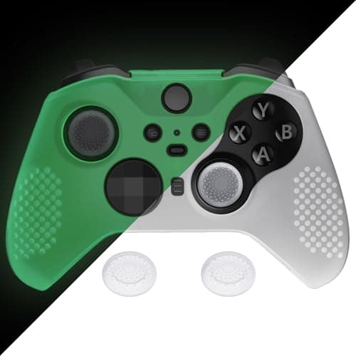 Image of eXtremeRate PlayVital Glow in Dark - Green Soft Anti-Slip Silicone Cover Skins for Xbox One Elite Controller Series 2, Custom Protective Case for Xbox Elite V2 with Thumb Grips Analog Caps