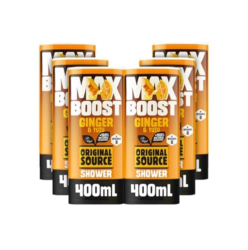 Image of Original Source MAX BOOST Ginger & Yuzu Shower Gel with 100% Natural Fragrance, Vegan Shower Gel, Paraben Free Body Shower Wash, Multipack of 6 x 400ml