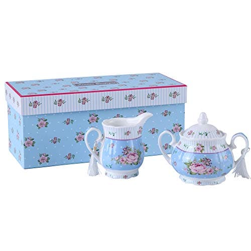 Image of London Boutique Porcelain Teapot Sets Teapot Sugar Bowl and Cream Milk Jug Shabby Chic Vintage Floral in Gift box (Cream & Sugar Set Rose Blue)