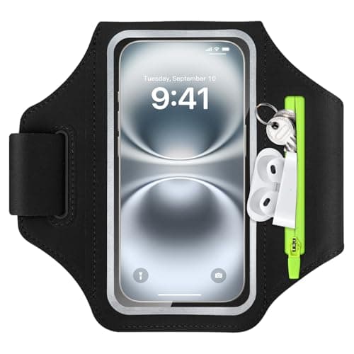Image of Running Phone Holder, Stretchable Running Armband Phone Holder for Running Sweatproof Mobile Phone Armband with Zipper Pocket for iPhone 17 16 15 14 13 12 Galaxy S25 for Jogging Cycling (Black, 6.8'')