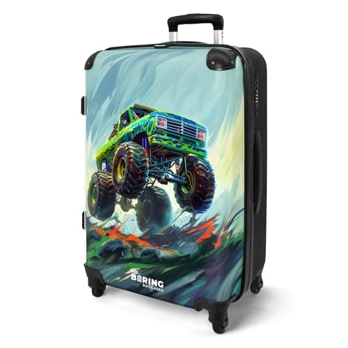 Image of NoBoringSuitcases.com® Children's Luggage Kids Suitcase for Boys - Large Suitcase, Hard Shell Luggage with TSA Lock, 26-28 inch - Green Monster Truck - Brush Strokes - 23kg