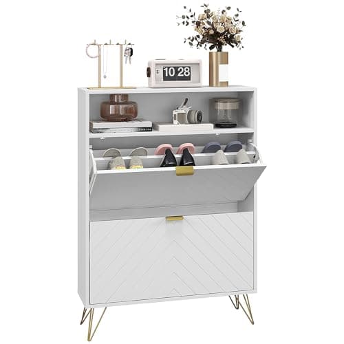 Image of HOMCOM Narrow Shoe Cabinet with 2 Flip Drawers, Slim Shoe Storage Cabinet with Adjustable Shelves, Open Shelf, Hairpin Legs and 2 Vents for 12 Pairs of Shoes for Entryway, White