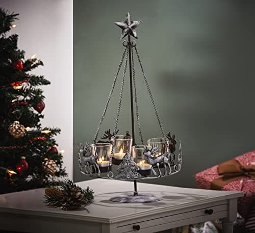 Image of Christmas Centrepiece Tealight Holder - 47 x 25cm Freestanding Metal Xmas Tree & Reindeer Design Candle Holder – Indoor Home Dining Table or Sideboard Festive Decoration