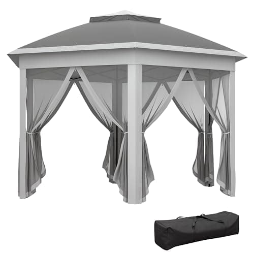 Image of Outsunny 3 x 4m Garden Gazebo Hexagon Pop Up Gazebo Party Tent Canopy Double Roof Instant Shelter with Netting and Carry Bag for Outdoor Patio, Dark Grey