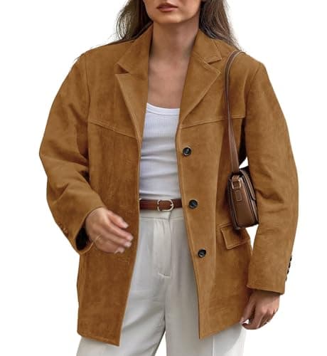 Image of loveimgs Women Retro Brown Faux Suede Jacket Leather Blazer Coat Old Money Aesthetic Fall Jacket Bomber Y2k Oversized, Tan, L