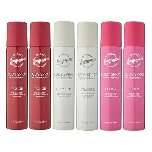 Image of Designer Fragrances 6 Pack Assorted Aromas Bundle - Rouge, Only One & Peony - Women's Body Spray Deodorant Cans - For Instant Freshness On The Go - Long Lasting Smell, Great Gifts - 100ml