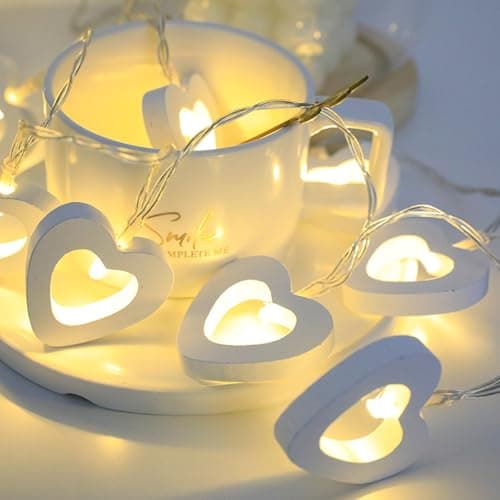 Image of Satiskid Warm White Wooden Heart String Lights, 1.5m 10 LED Battery Powered Fairy Lights for Valentine's Day Wedding Mother's Day Anniversary Decor, Indoor Decorative String Lights (White)