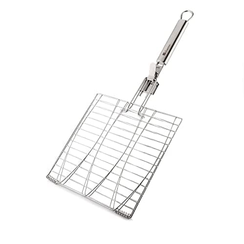 Image of Fire Mountain Stainless Steel BBQ Fish Grill Rack, Premium Quality Grilling Tools & BBQ Accessories, Foldable, Removable Handle, Multipurpose BBQ Grill Basket, Lockable, Grid Body