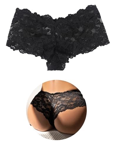 Image of sunshinelady French Knickers Plus Size Floral Lace Brazilian Knickers for Women Stretchy Sexy Panties with Cotton Crotch Womens Underwear Cheeky Hipster Tanga Ladies Black UK 10