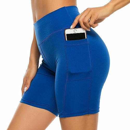 Image of Boolavard Shorts for Women with Pockets – High Waisted Tummy Control Workout Yoga Running Gym Short Pants (L, Blue)