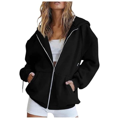 Image of Hoodies For Women UK Solid Color Long Sleeve Zip Up Sweatshirts With Pockets Casual Loose Drawstring Ladies Hoodie Soft Comfortable Oversized Tops Plus Size Lightweight Jackets Everyday Wear