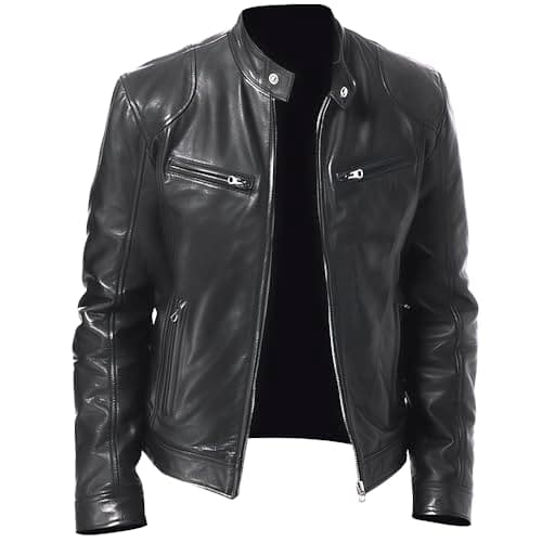 Image of Rising Bloom Men's Real Leather Jacket Biker Motorcycle Cafe Racer Vintage Retro Bomber Winter Black Genuine Leather Jacket (as8, alpha, s, regular, regular, Black)