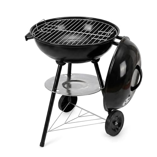 Image of FINE GARDEN BBQ Grill, 17" Kettle Charcoal BBQ Grill with Wheels & Lid, Portable Trolley Barbecue with Adjustable Vent, Ash Catcher & Storage Rack, Outdoor Garden BBQ (Black)