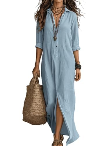 Image of 2026 Women's Casual Solid-Color Linen-Cotton Dress, Summer V Neck Vacation Beach, Button-Front Bohemian Shirt Maxi Dress (Sky Blue,M)
