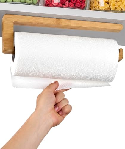 Image of Praknu Kitchen Roll Holder Under Cabinet - FSC® Bamboo Paper Towel Holder - Self-Adhesive, Strong Hold & Easy Assembly - Fits Standard & XXL Rolls