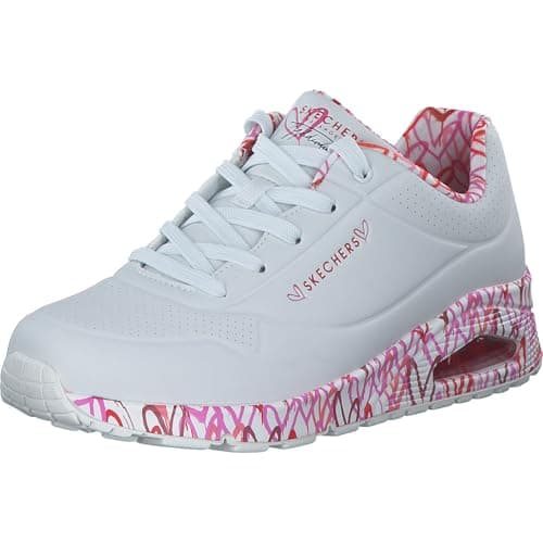 Image of Skechers Women's Uno Loving Love Sneaker, White Durabuck Red Pink Mesh Trim, 6 UK