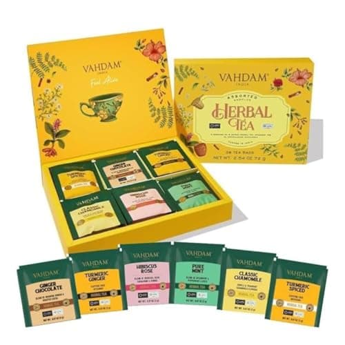 Image of VAHDAM, Assorted Herbal Tea Variety Pack (6 Variants, 36 Tea Bags) Caffeine Free, Gluten Free, Non GMO | Eco Friendly Long Leaf Pyramid Tea Bags I Tea Gift Set for Men and Women