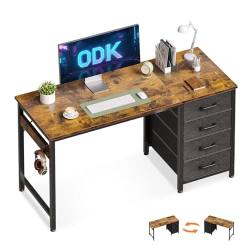 Image of ODK Computer Desk with Drawers, 120 x 48 cm Office Desk with Storage & Headphone for Small Spaces, Reversible Small Study Table for Home Office, Vintage Brown