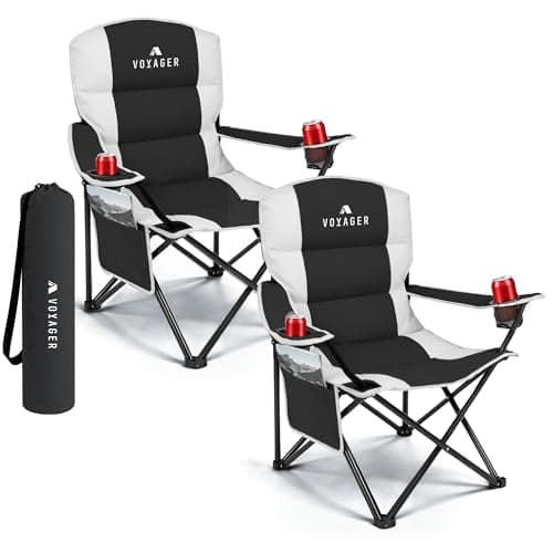 Image of Voyager Folding Camping Chairs 2 Pack with Cooler Bag, Lightweight Q195 Steel Frame, 600D Oxford Fabric, Portable & Comfortable - Black (Black, Padded)