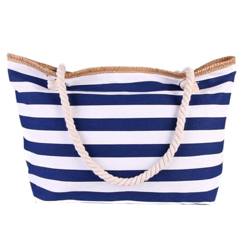 Image of FAVORTALK Tote Bag Large Shoulder Canvas Bags with Cotton Handbag Stripe Blue Large Beach Bags - B25804