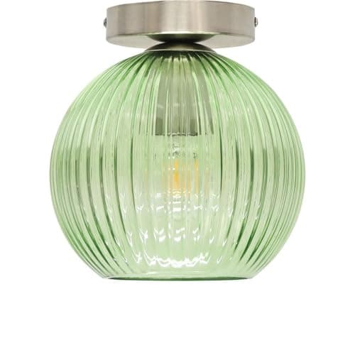 Image of firstchoicelighting Green Ribbed Glass Globe Ceiling Light Flush Fitting with Satin Nickel Detail, Modern Low Ceiling Lighting