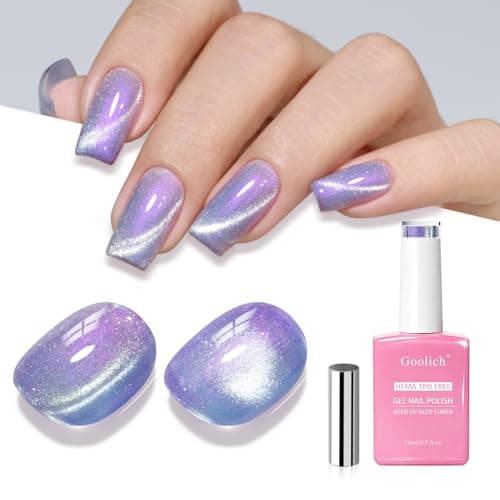 Image of Goolich Purple Cat Eye Gel Nail Polish, 15ML HEMA & TPO Free Pearl Purple Holographic Glitter Shimmer Magnetic Gel Polish with Magnet Soak off UV LED Nail Design Manicure