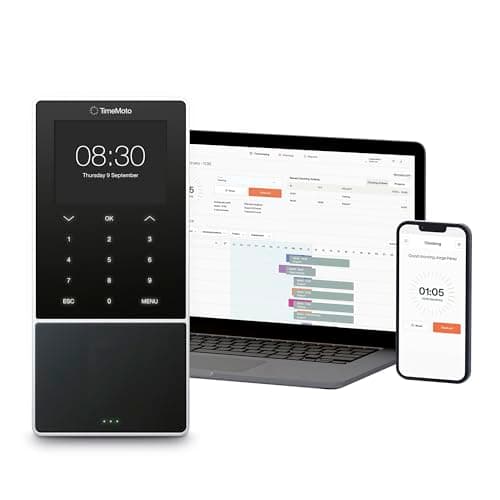 Image of TimeMoto TM—818 SC Cloud-Based Employee Time Clock, Pairs With Contactless Smart Access Cards, RFID Badge/Keyfob, PIN, Up To 2,000 Users, Worked Hours Reporting, Timesheets, Wi-Fi, App for iOS/Android