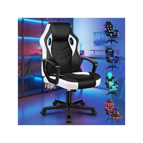Image of ELFORDSON Gaming Chair, Video Game Chairs, Ergonomic Computer Desk Office Chairs Racing Style, Adjustable Height & Tilt, 360° Swivel, Breathable Mesh & PU Leather, Home Office Esports, White