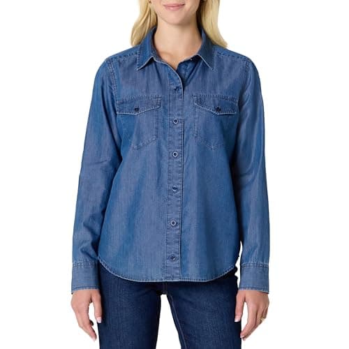 Image of Amazon Essentials Women's Relaxed-Fit Denim Chambray Button-Down Long-Sleeve Shirt, Classic Medium Wash, L
