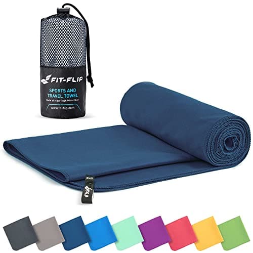 Image of Fit-Flip Microfibre towel - compact, ultra lightweight & quick dry - perfect for gym, travel & beach - swimming towels for sports, camping & hiking (1x 40x80cm deepblue + bag)