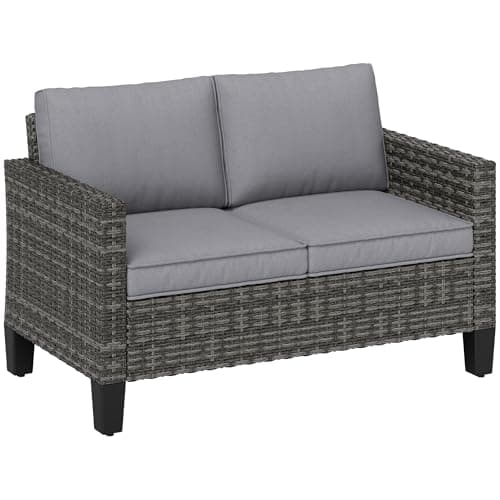 Image of Outsunny 2 Seater Rattan Sofa with Cushions, Wicker Garden Loveseat with Armrests, Outdoor Garden Sofa Couch with Steel Frame for Balcony, Porch, Dark Grey