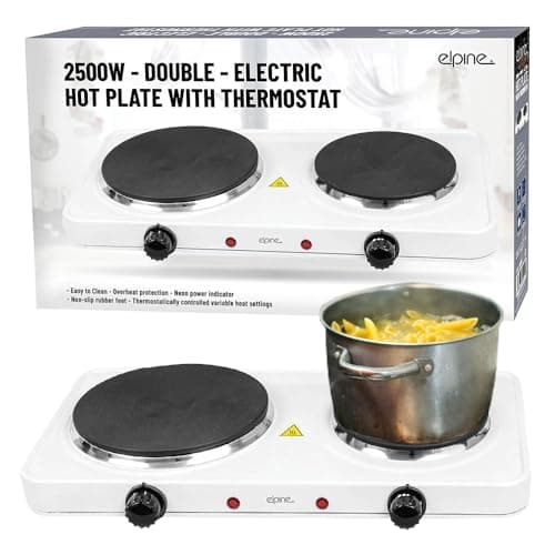Image of 2500w Electric Double Hot Plate with Thermostat - Table Top Portable Hob Plate | Ideal for Camping, Caravans, Travelling | Overheat Protection, Non-Slip Rubber Feet, Neon Power Indicator - White