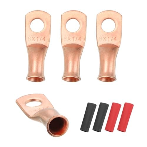 Image of sourcing map 4pcs 8 AWG M6 Battery Lugs Ring Terminals, 1/4" 6mm Stud Crimp Wire Terminal Connector End Copper, 3:1 Heat Shrink Tubing, Gold