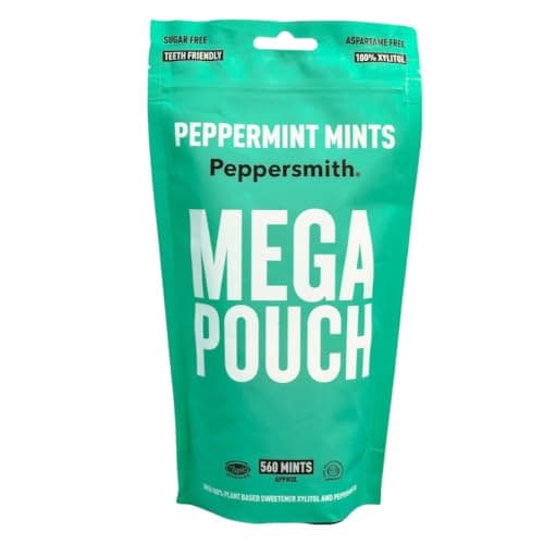 Image of Peppermint Mints - Sugar Free 100% Plant Based Xylitol - Fresh Breath - Benefits Oral Health, Reduce Plaque, Kills Bacteria - Aspartame Free - Mega Pouch 560 Mints - By Peppersmith