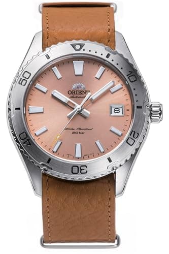Image of Orient Sports Diver Mako 40mm Automatic Mechanical Wrist Watch Manual Winding Steel or Leather Casual Diver RA-AC0Q, Apricot Leather, Minimalist
