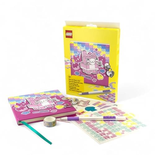 Image of IQ LEGO Secret Diary Set - Cat (53594), includes 1 Diary, 1 Gel Pen with lavender ink, 3 Diecut sticker sheets, 1 Paper Tape, 1 Sticker Sheet, 1 Lock with 2 keys, Dotted pages