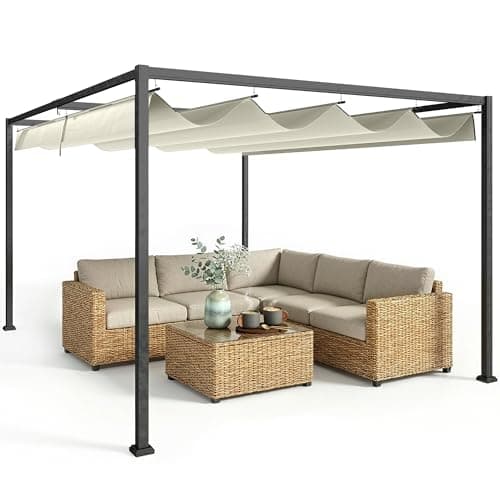 Image of Outsunny 4 x 3(m) Metal Outdoor Pergola with Retractable Roof, Outdoor Gazebo Canopy Shelter with Drainage Holes for Garden, Patio, Lawn, Cream White